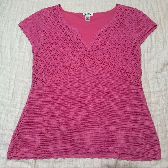 Vintage Lilly Pulitzer White Label Knit Top M Pink Linen Blend Crochet boho - Picture 1 of 6